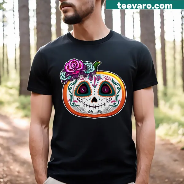 T-shirt with Dia De Los Muertos skull and pumpkin illustration