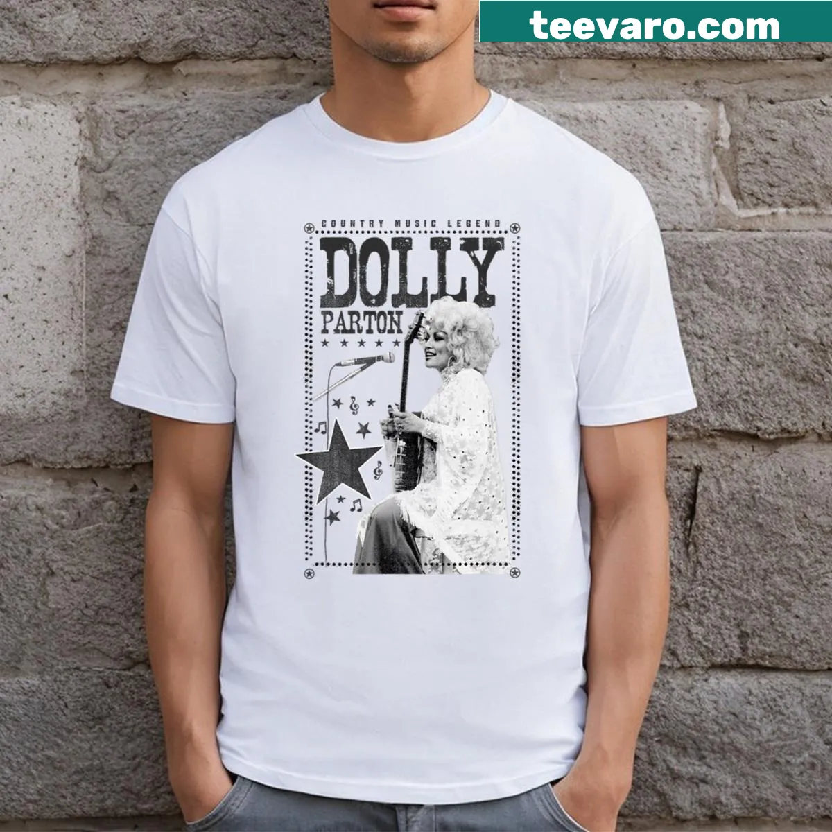 Illustration of Dolly Parton on a t-shirt honoring the country music legend — on a men's t-shirt