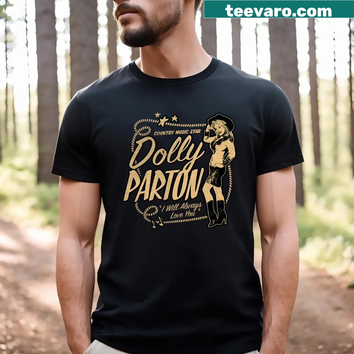 Dolly Parton Country Music Star T-shirt with bold typography — on a men's t-shirt