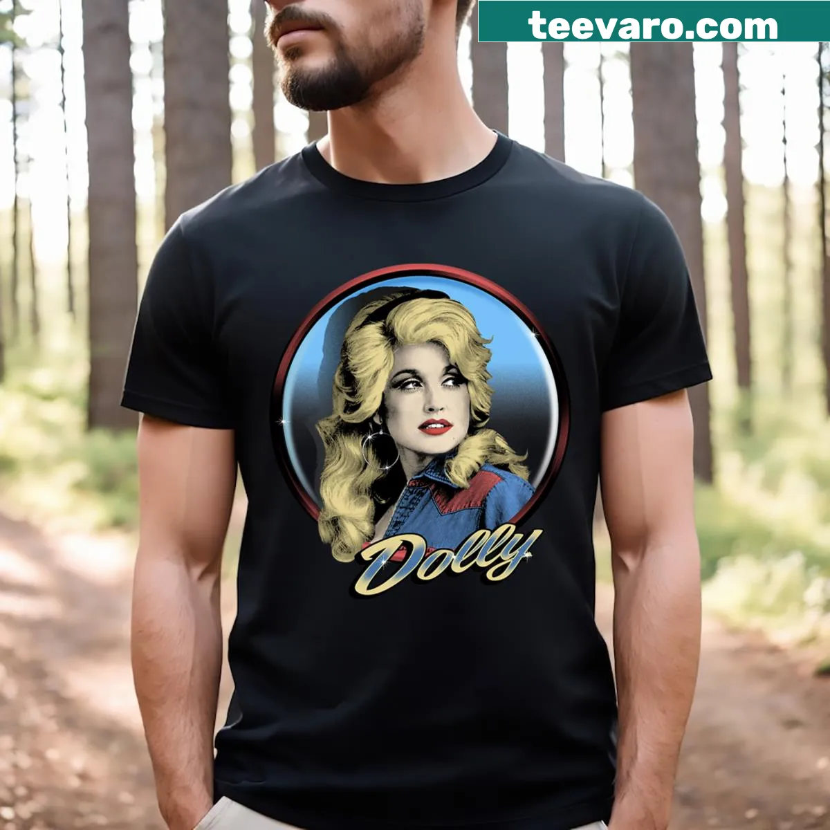 Western-themed t-shirt featuring Dolly Parton illustration — on a men's t-shirt