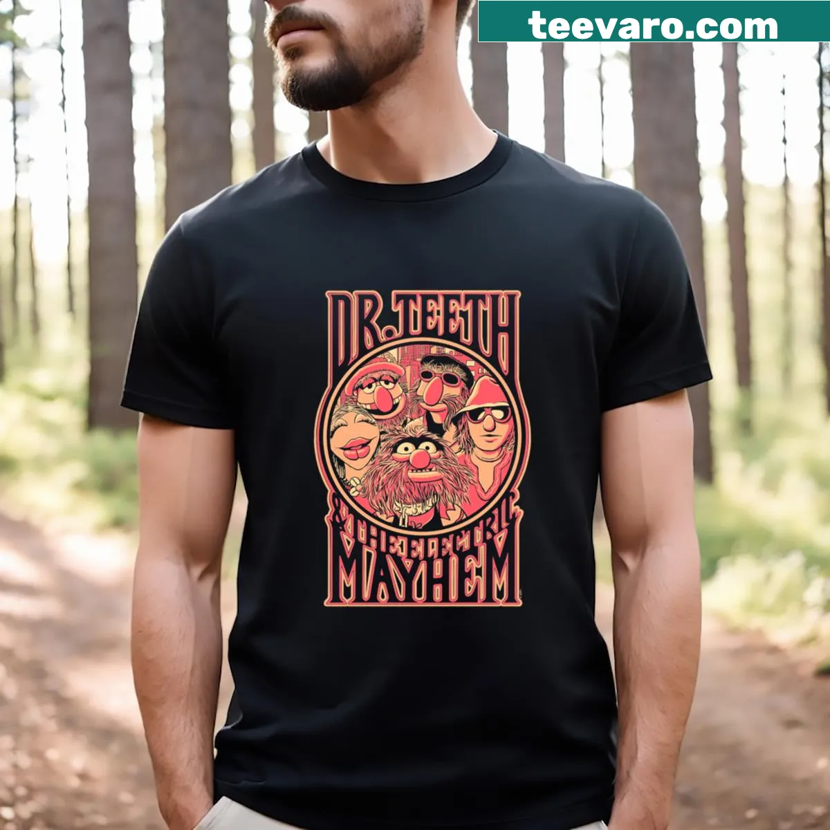Funny typography design featuring Dr. Teeth on a t-shirt — on a men's t-shirt