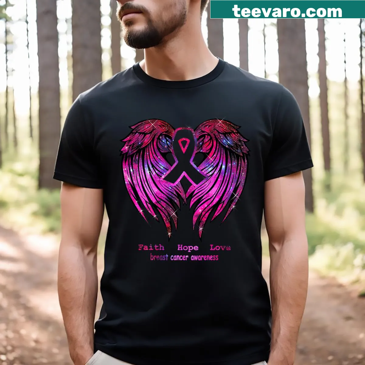 Back-printed T-shirt with wings and the words Faith, Hope, Love for breast cancer awareness — on a men's t-shirt