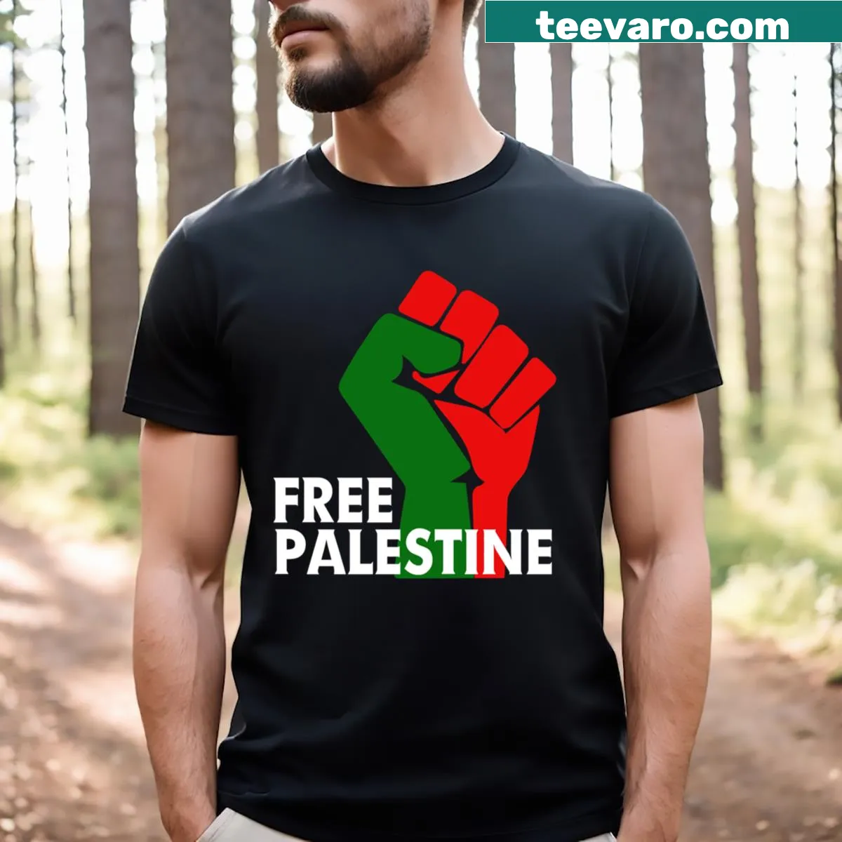 Free Palestine graphic t-shirt featuring the Palestine flag — on a men's t-shirt