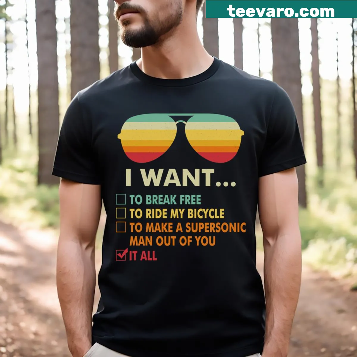 Playful I Want It All T-shirt for music lovers — on a men's t-shirt