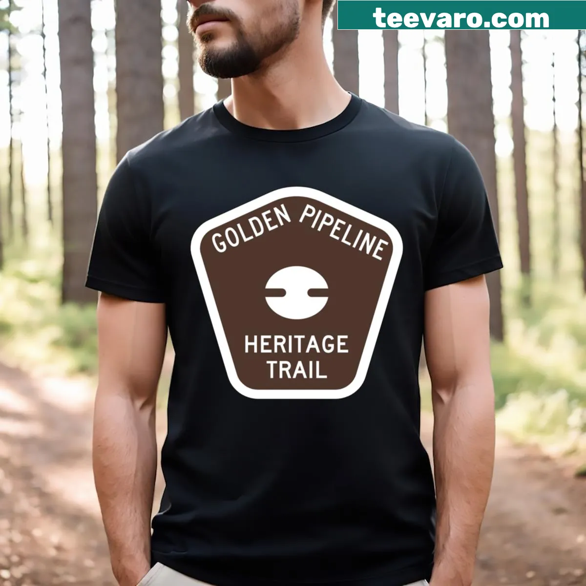 Minimalist badge design on Golden Pipeline Heritage Trail T-shirt — on a men's t-shirt