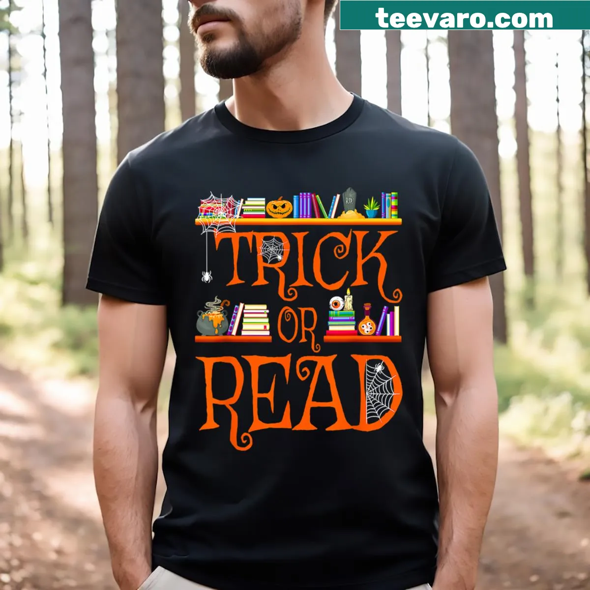 Illustrative Halloween T-shirt for book lovers with a librarian theme — on a men's t-shirt