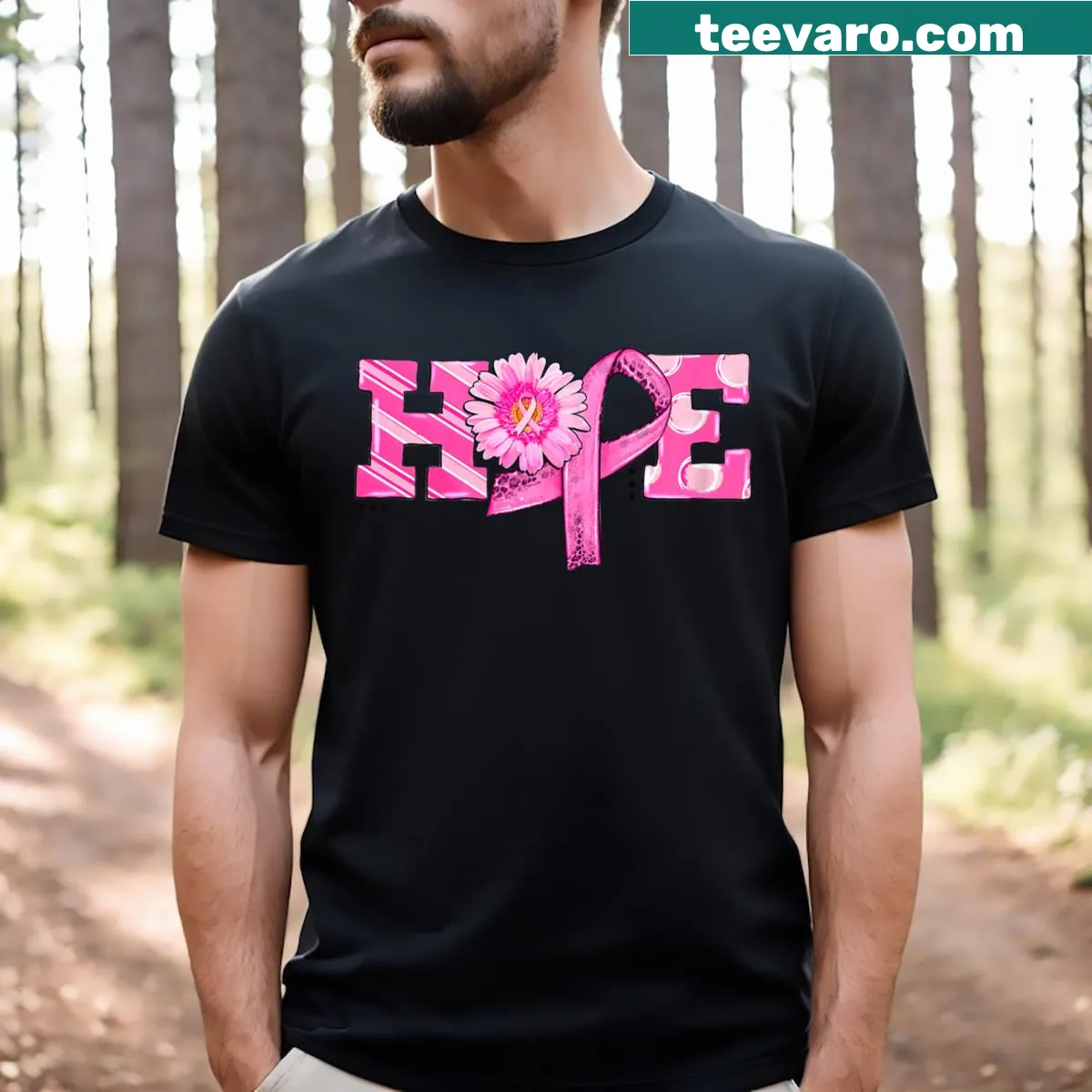 Pink ribbon and sunflower graphic for breast cancer awareness on a T-shirt — on a men's t-shirt