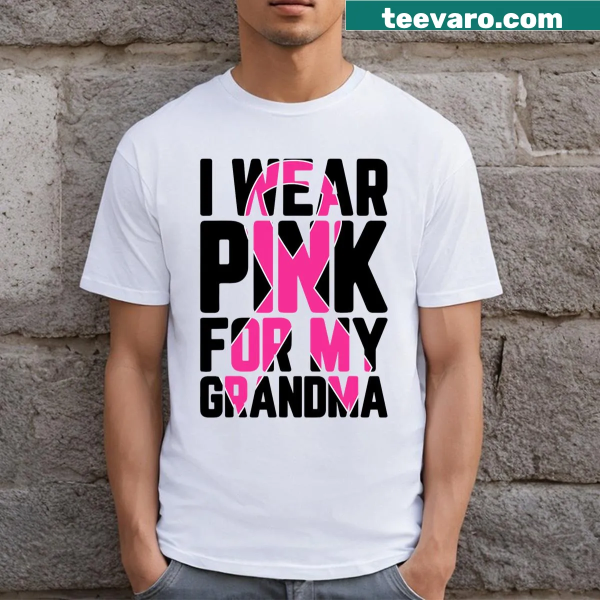 Breast cancer awareness t-shirt with the phrase 'I wear pink for my grandma' — on a men's t-shirt