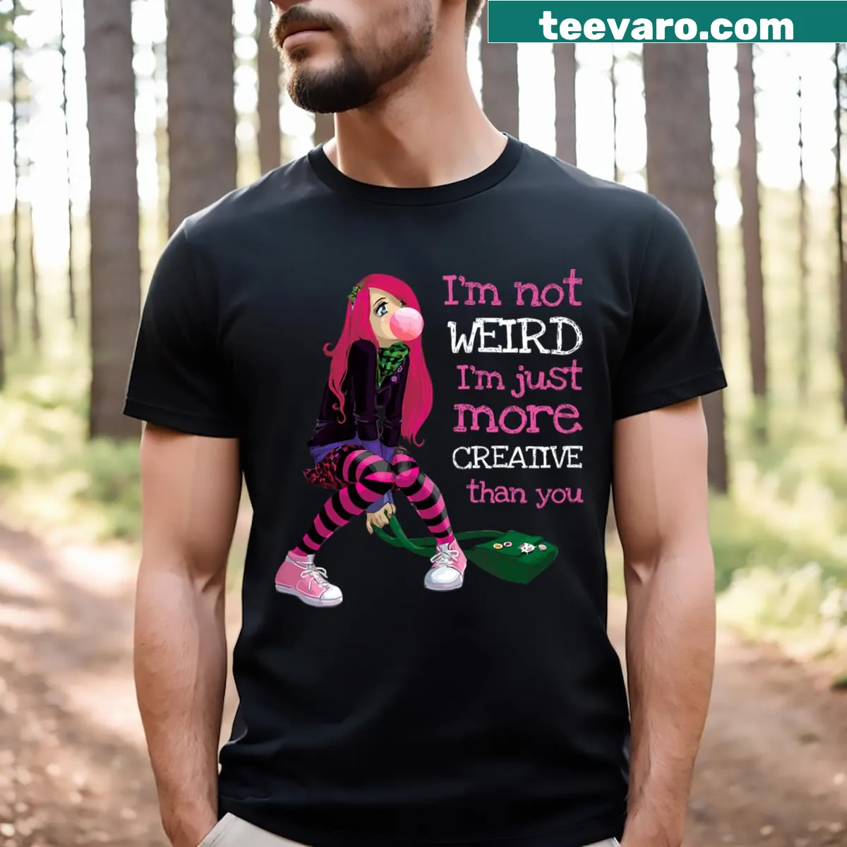 Cute anime girl T-shirt with goth-inspired design — on a men's t-shirt