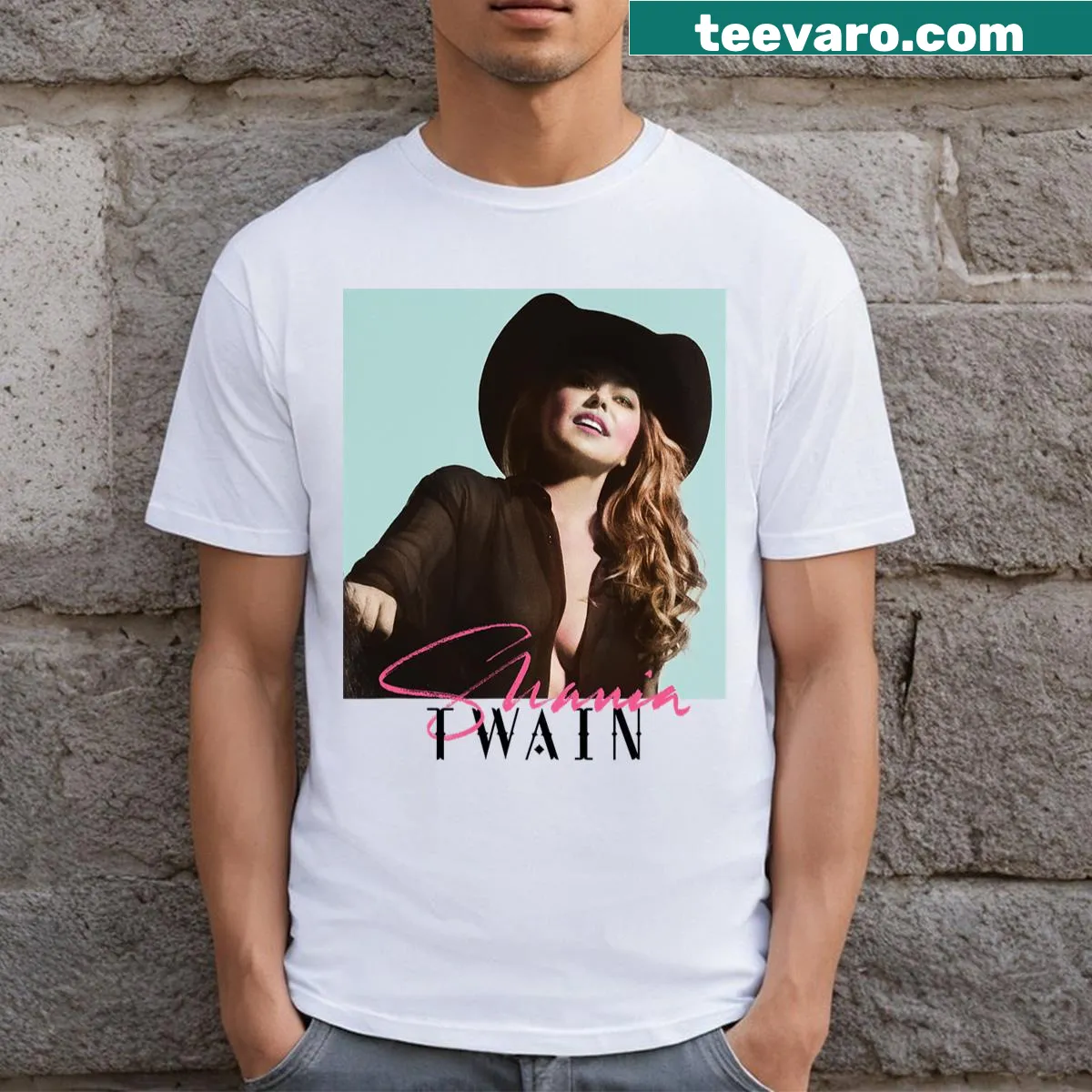Typography design with 'Queen Of Me' text honoring Shania Twain. — on a men's t-shirt