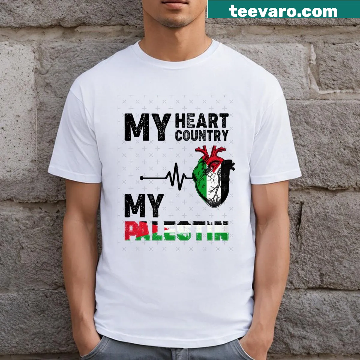 Heartbeat design with Palestinian flag symbolizing love and unity. — on a men's t-shirt