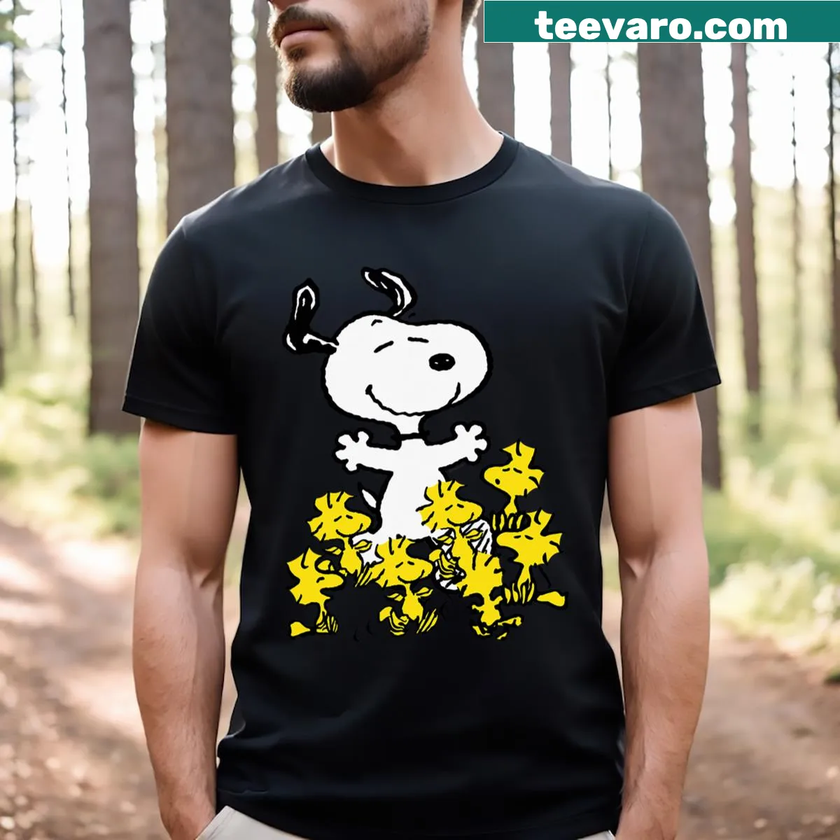 Snoopy and chicks graphic on a black T-shirt — on a men's t-shirt