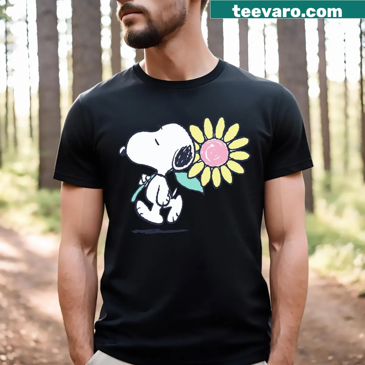 Snoopy with a pink daisy flower on a casual t-shirt — on a men's t-shirt
