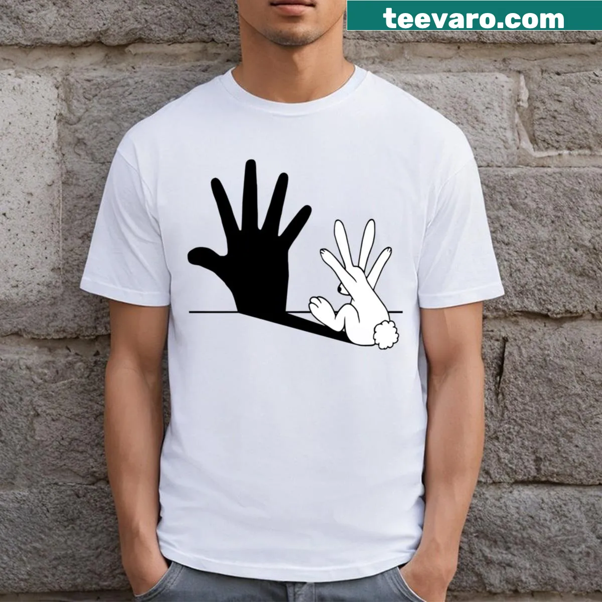 Minimalist rabbit hand shadow illustration on T-shirt — on a men's t-shirt