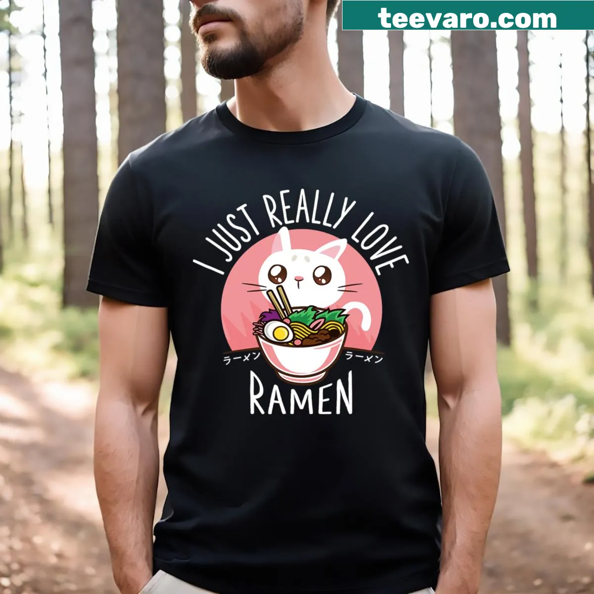 Kawaii ramen cat graphic on an anime-inspired t-shirt — on a men's t-shirt