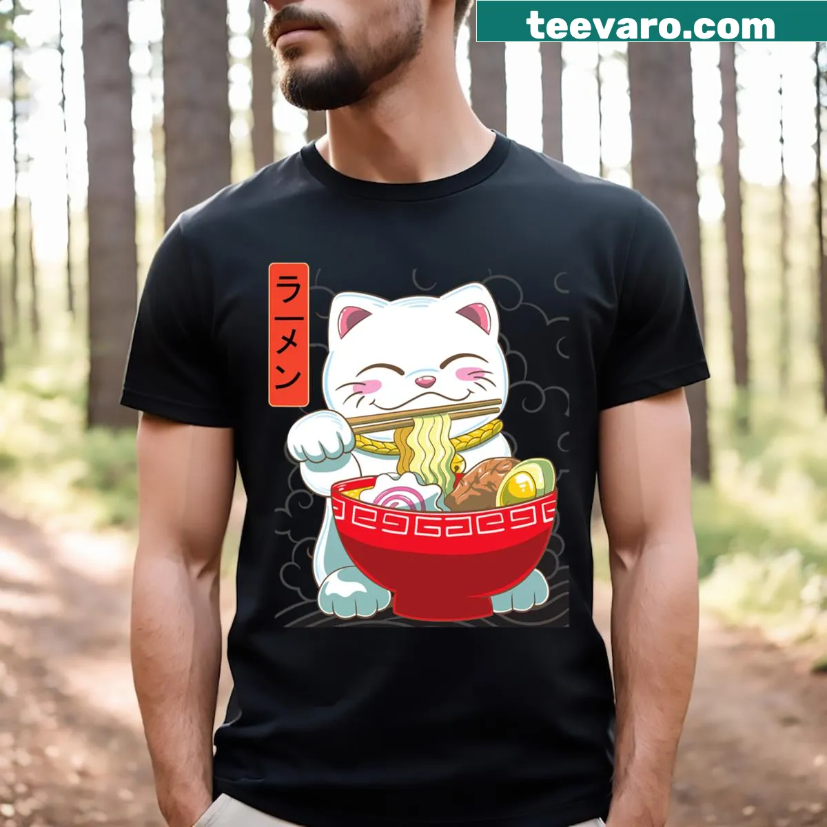 Kawaii design featuring a lucky cat and Japanese noodles on a t-shirt — on a men's t-shirt