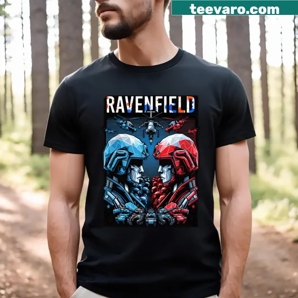 Bold silhouette T-shirt featuring Ravenfield gaming theme.
