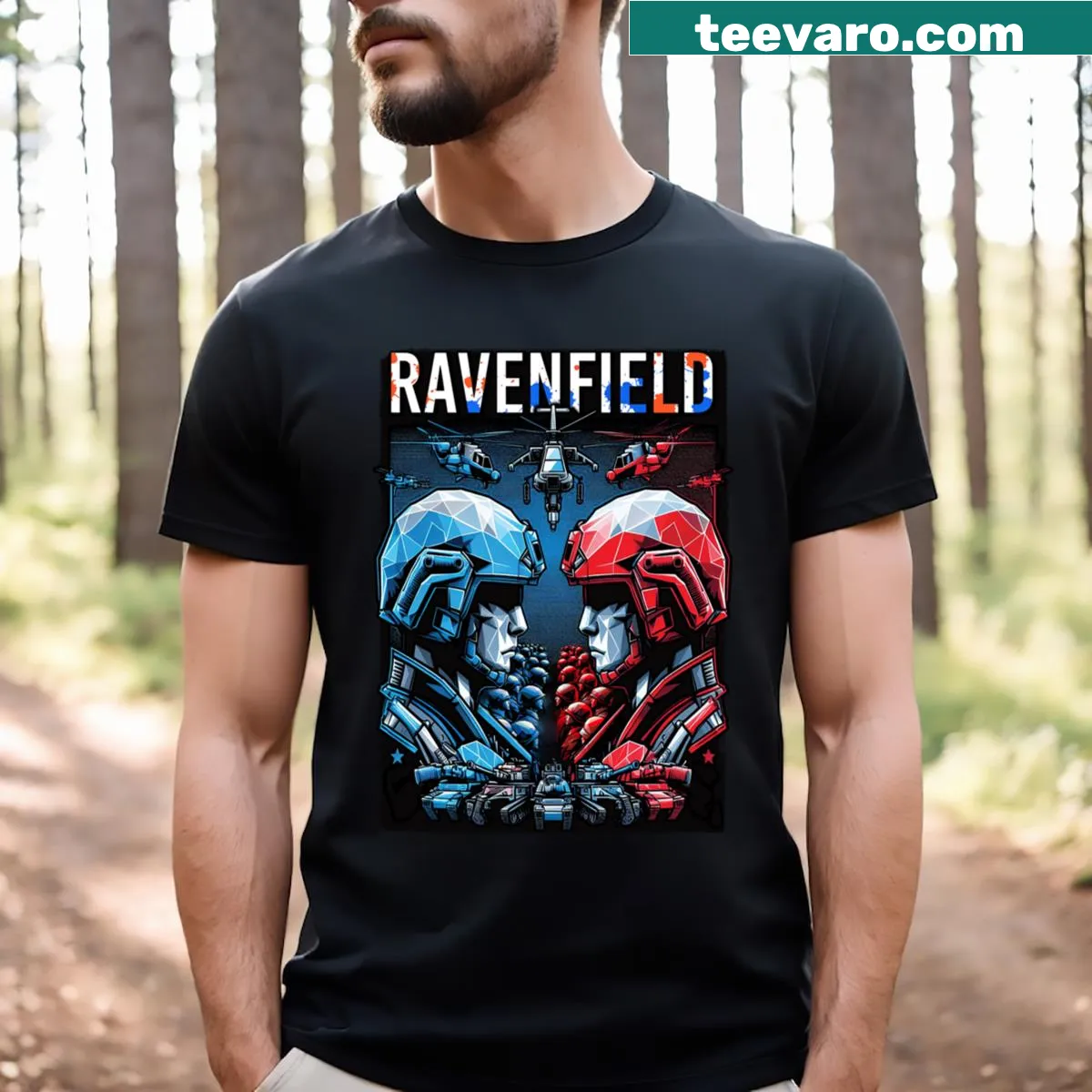 Bold silhouette T-shirt featuring Ravenfield gaming theme. — on a men's t-shirt