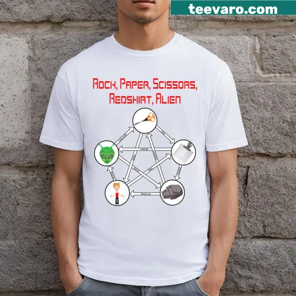 Playful T-shirt featuring a cartoon alien and the phrase Rock Paper Scissors.