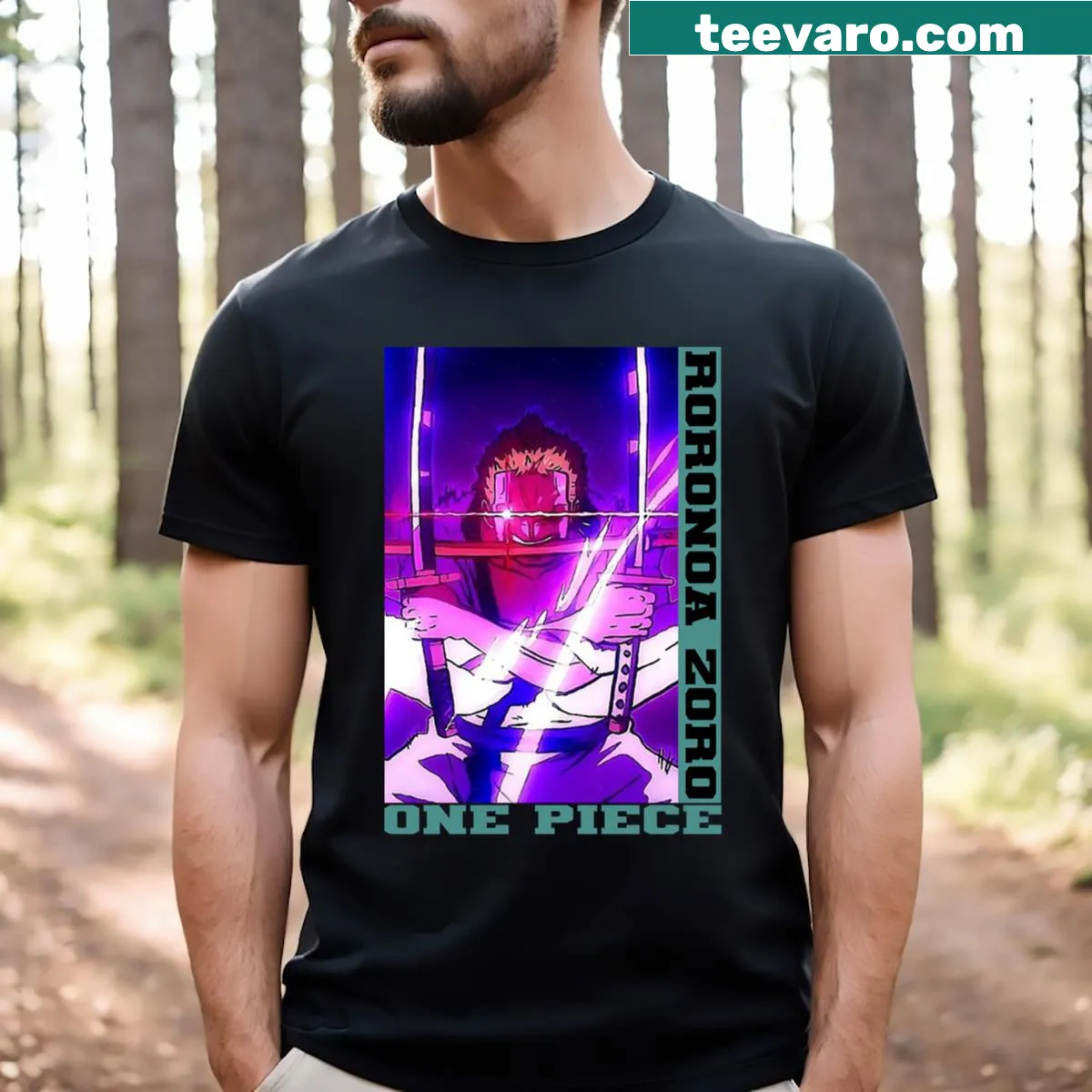 Roronoa Zoro illustration T-shirt from One Piece — on a men's t-shirt