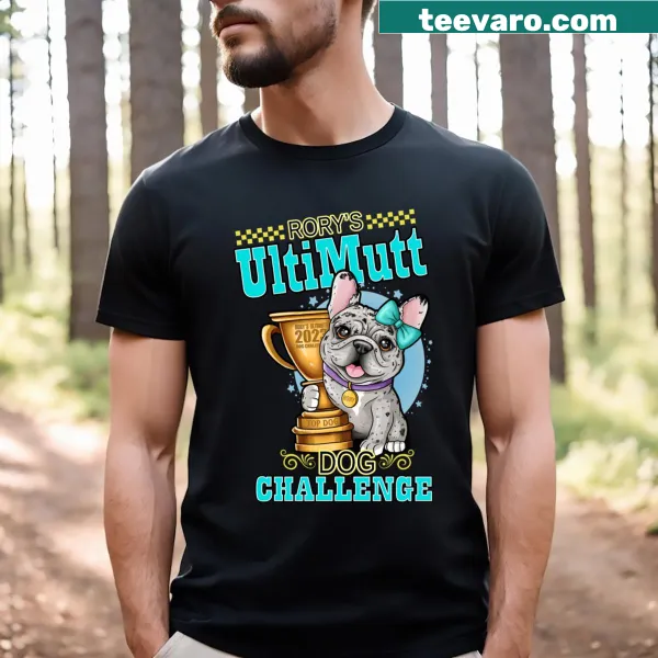 Whimsical illustration of dogs in playful antics on a t-shirt