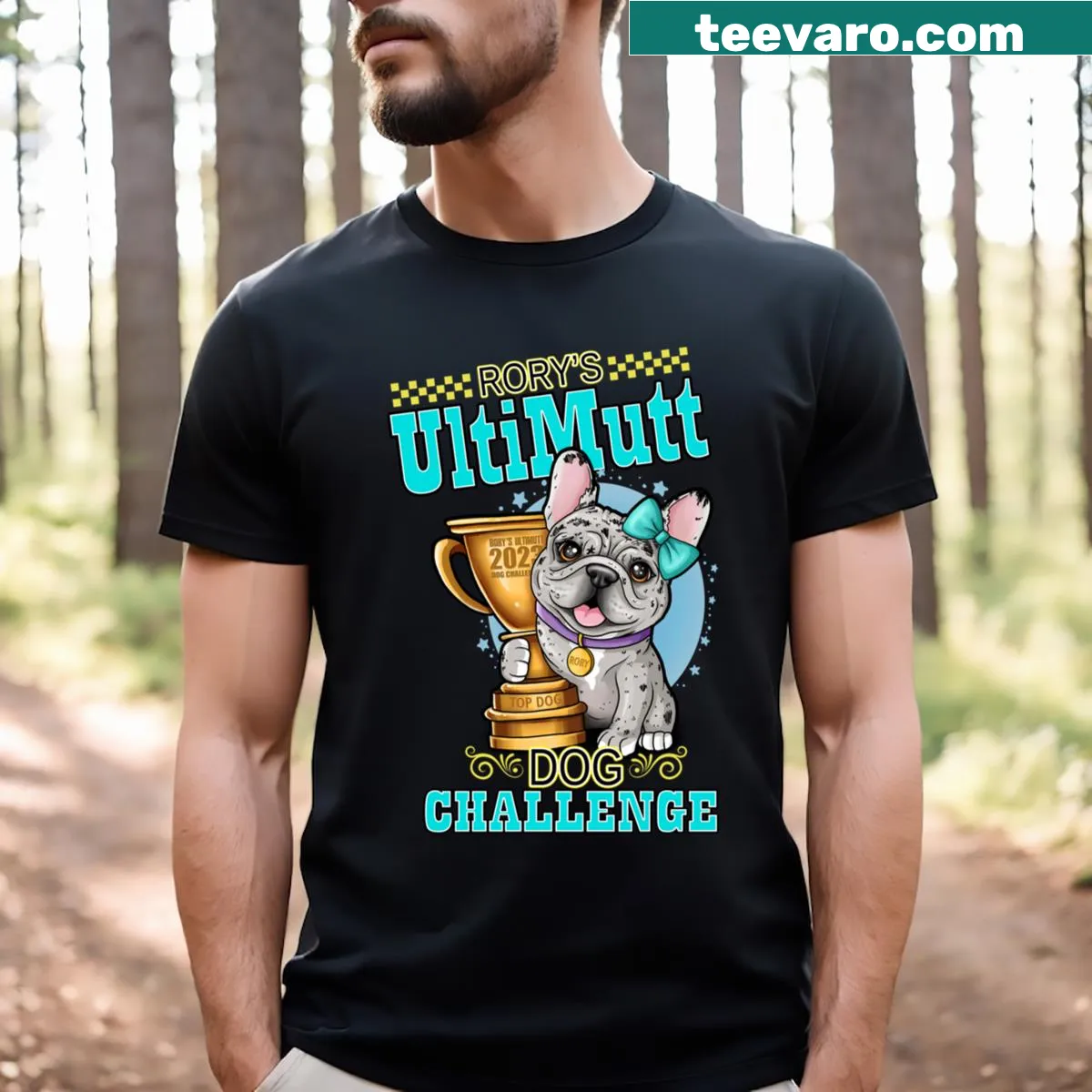 Whimsical illustration of dogs in playful antics on a t-shirt — on a men's t-shirt