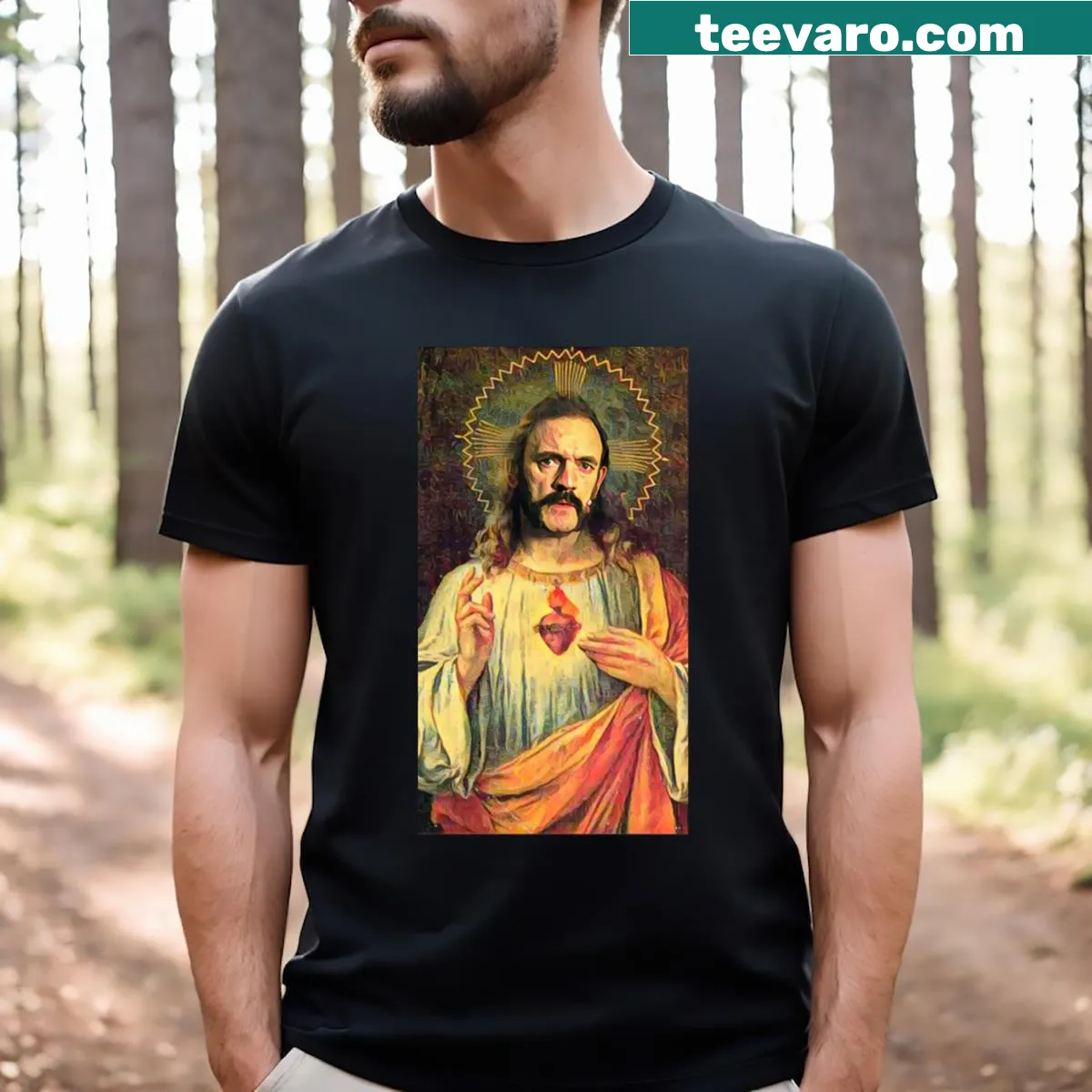 Illustrated Saint Lemmy T-shirt tribute to Lemmy Kilmister — on a men's t-shirt