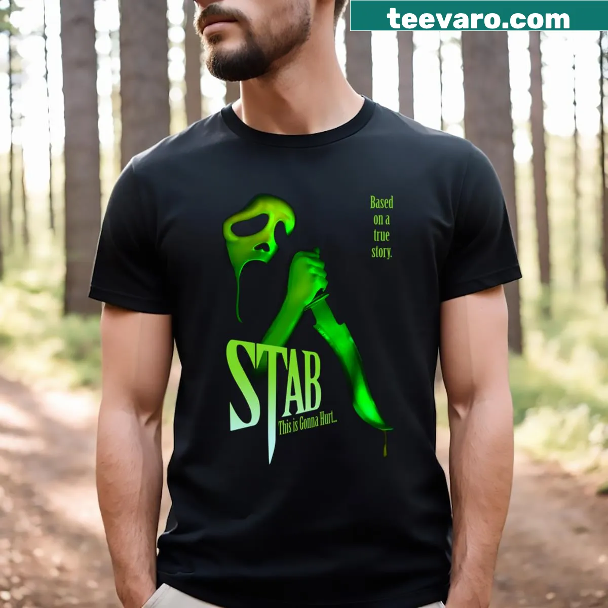 Graphic t-shirt featuring Stab from the Scream movie — on a men's t-shirt