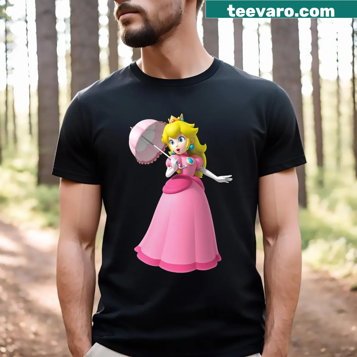 Illustrated T-shirt featuring Princess Peach from Super Mario — on a men's t-shirt