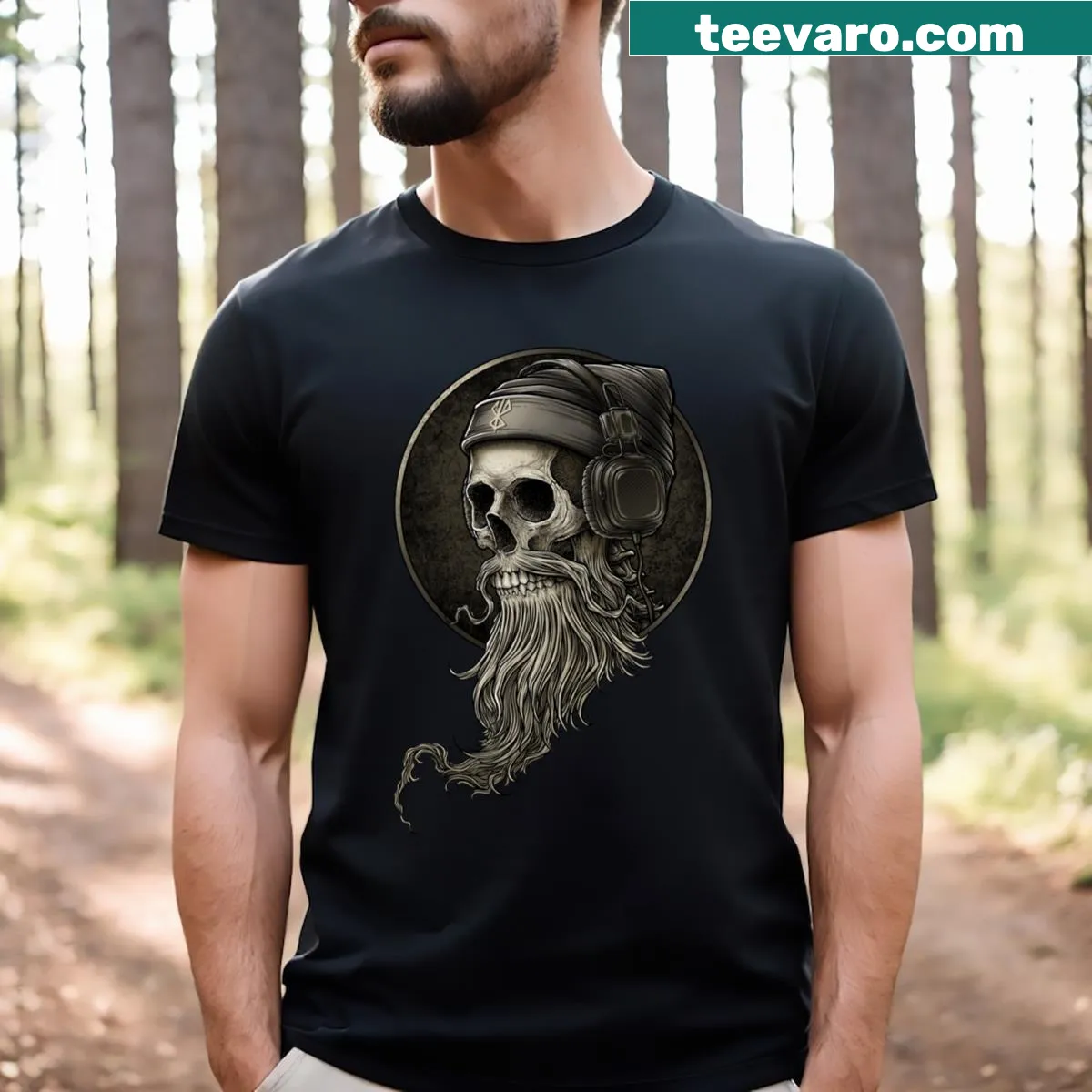 Vintage t-shirt featuring a bearded skull with headphones — on a men's t-shirt