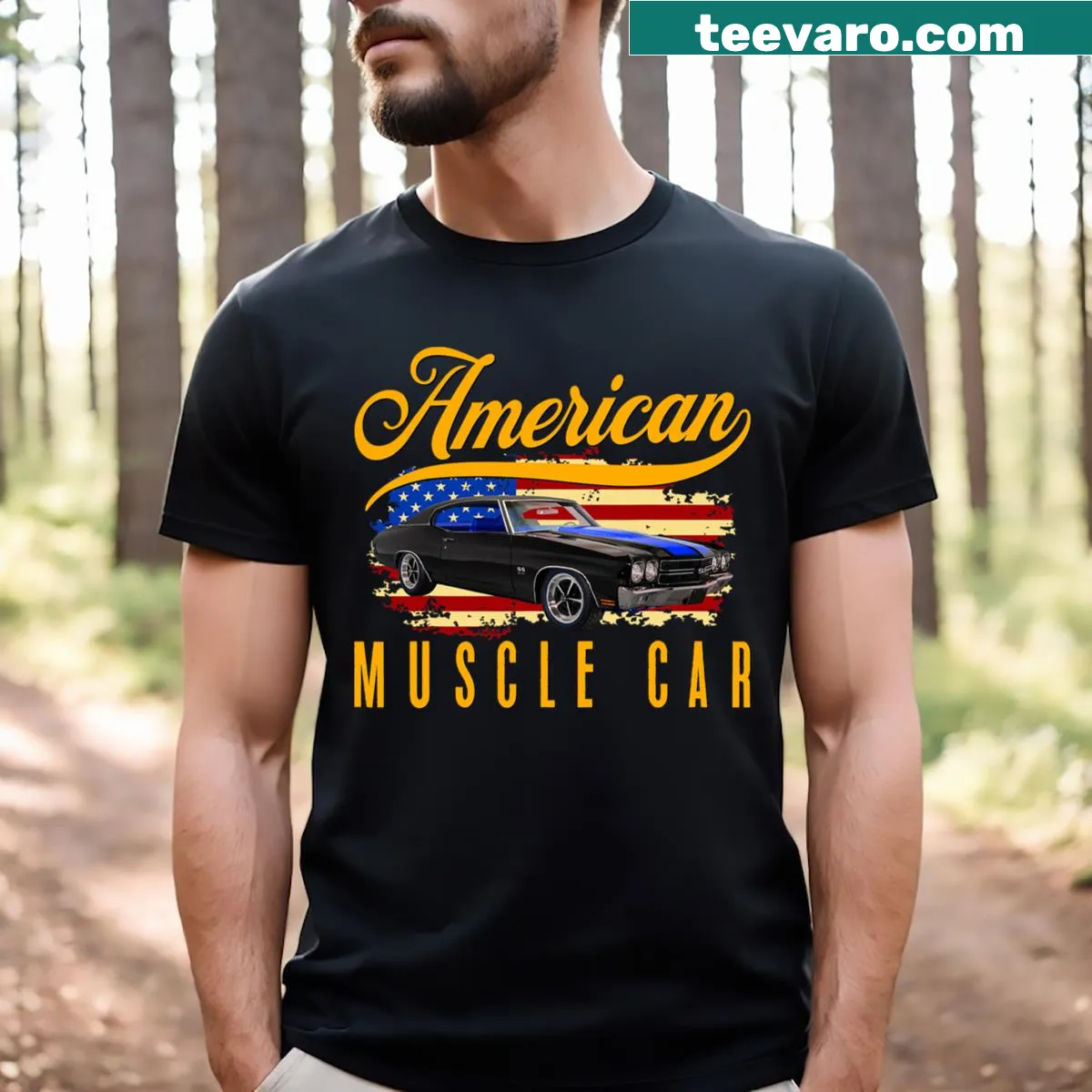 T-shirt featuring an illustration of an American muscle car — on a men's t-shirt