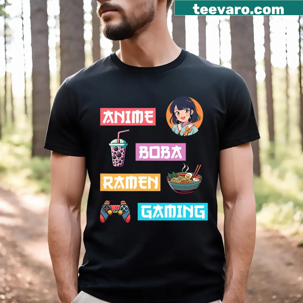 Kawaii anime T-shirt featuring ramen, boba, and gaming graphics — on a men's t-shirt