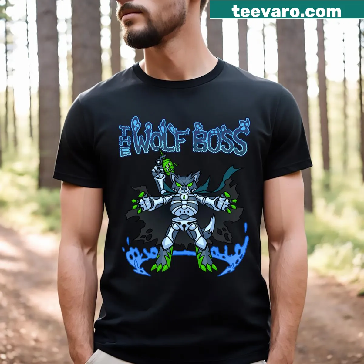 Illustrated shirt featuring a vampire robot wolf in anime style. — on a men's t-shirt