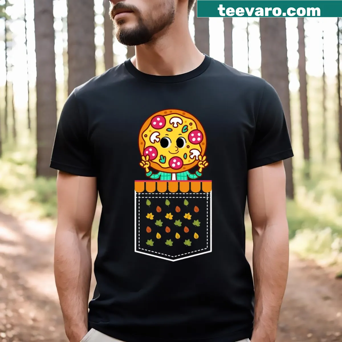 Playful graphic of pizza in a pocket on a T-shirt for family fun. — on a men's t-shirt