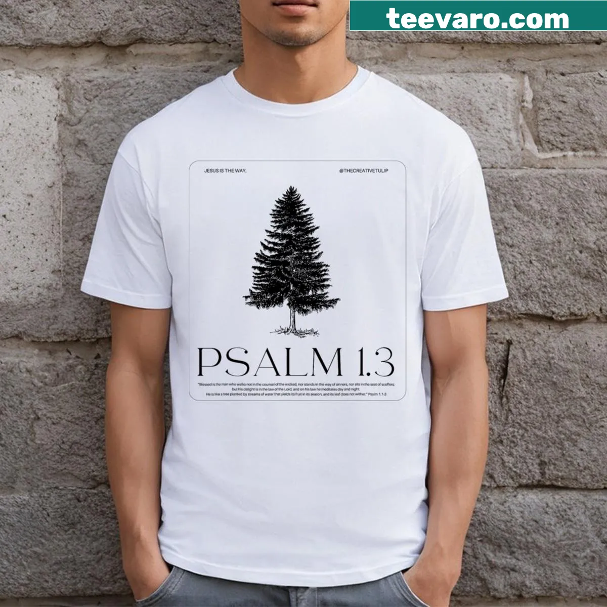 Vintage-style T-shirt featuring a pine tree and Psalm 1 text — on a men's t-shirt