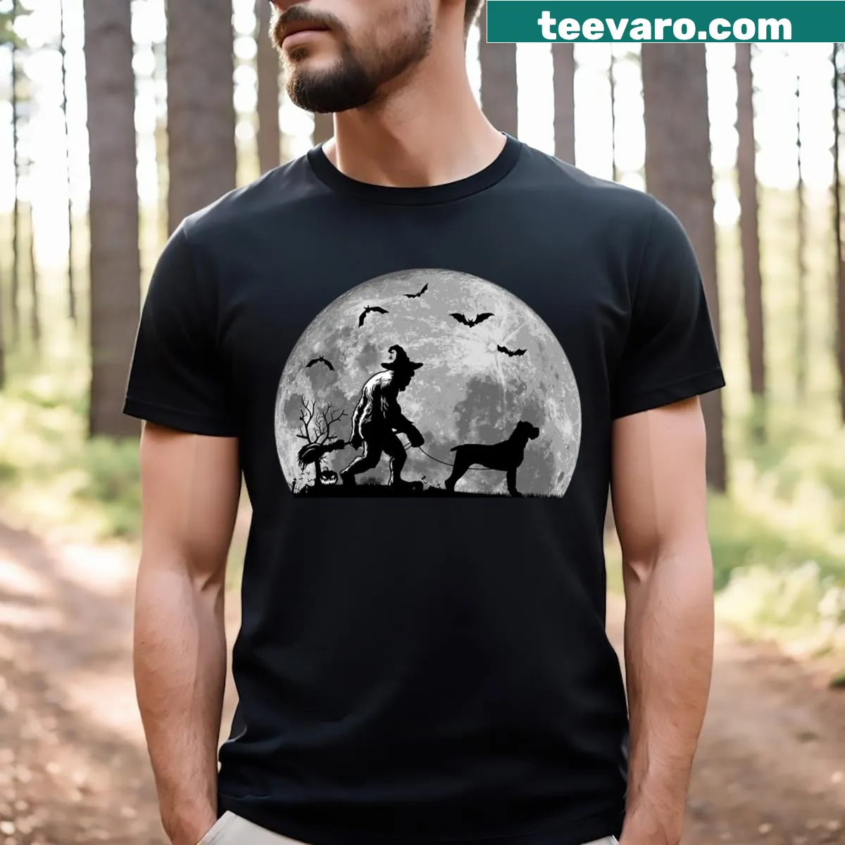 Halloween t-shirt featuring Bigfoot and Cane Corso illustration — on a men's t-shirt
