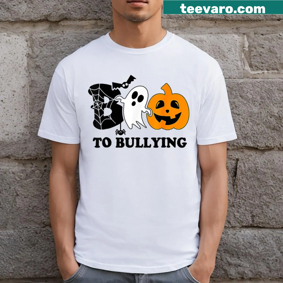 Orange Halloween T-shirt with anti-bullying message for kids — on a men's t-shirt