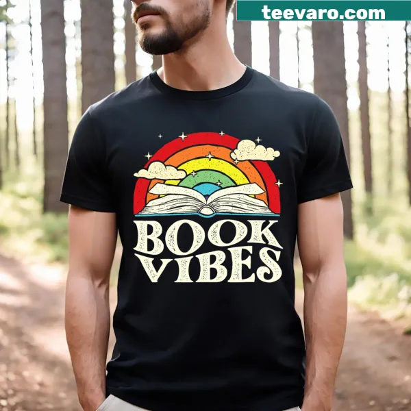 Shirt featuring the phrase 'Book Vibes' with book-themed illustrations