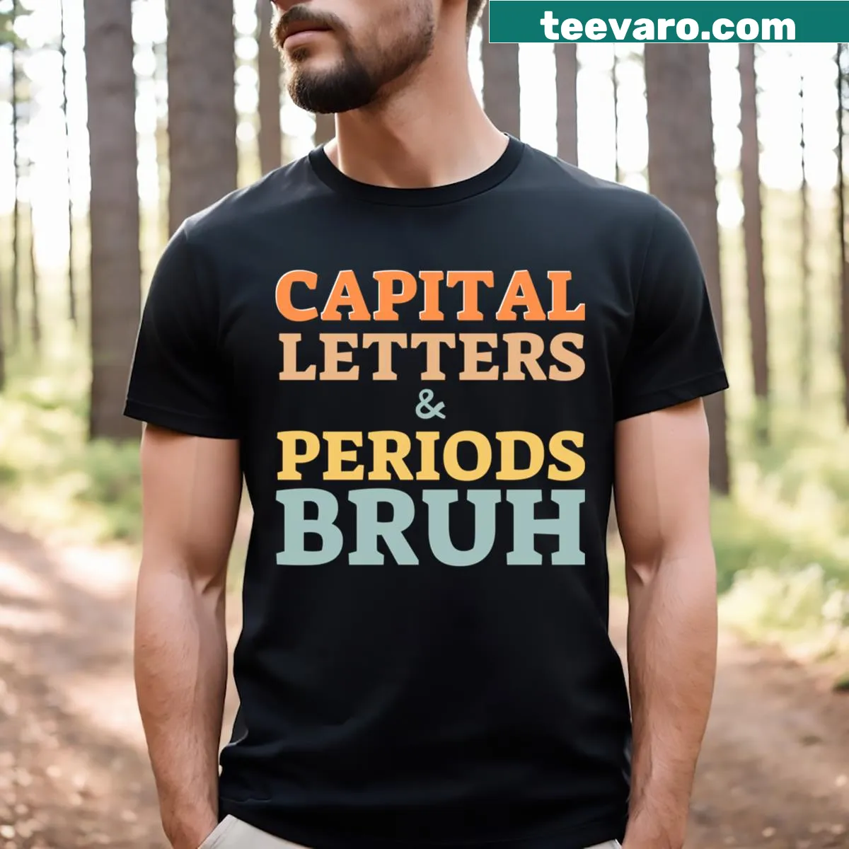 Funny English teacher t-shirt with grammar-themed text — on a men's t-shirt
