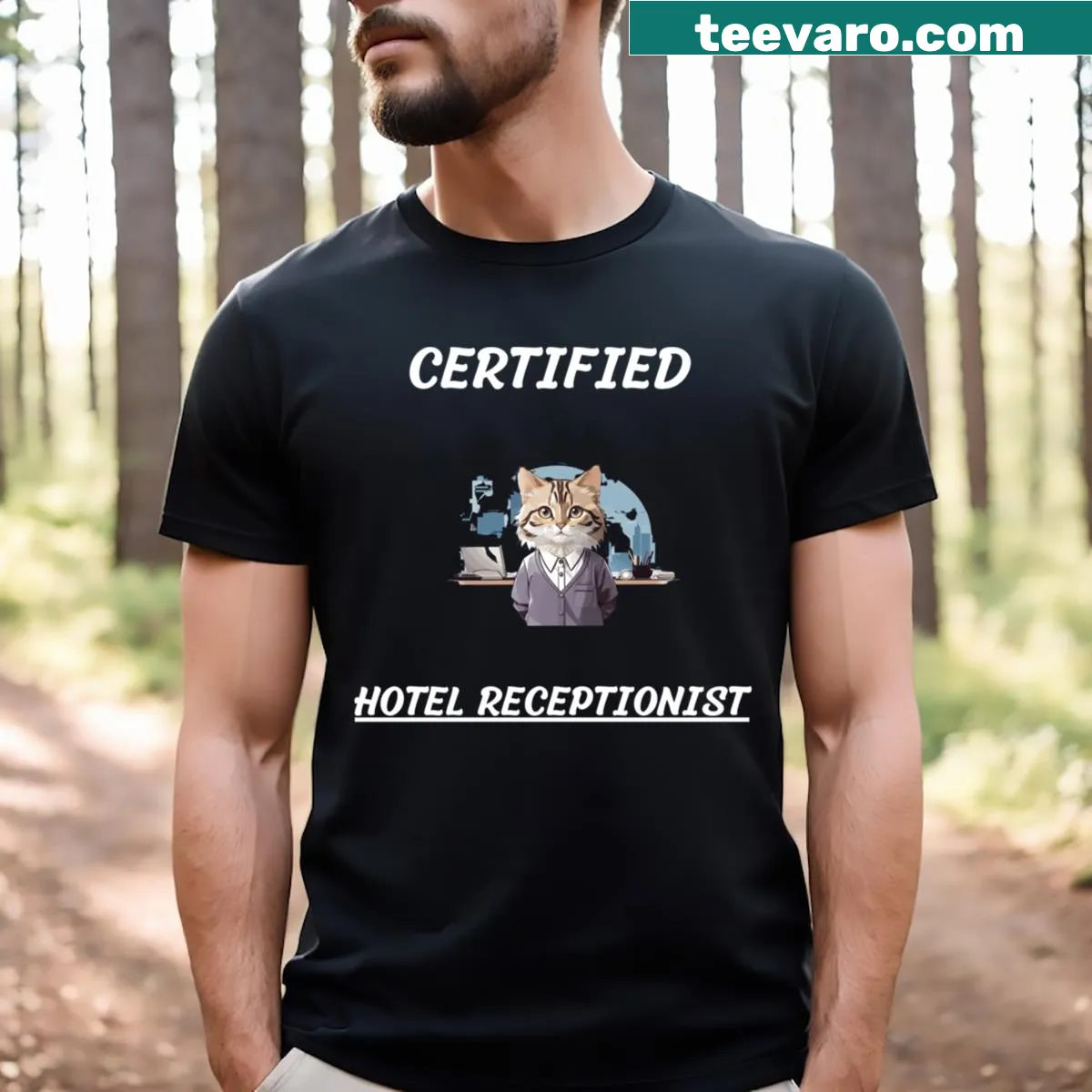 Cartoon graphic T-shirt of a cat receptionist with text 'Certified Hotel Receptionist.' — on a men's t-shirt
