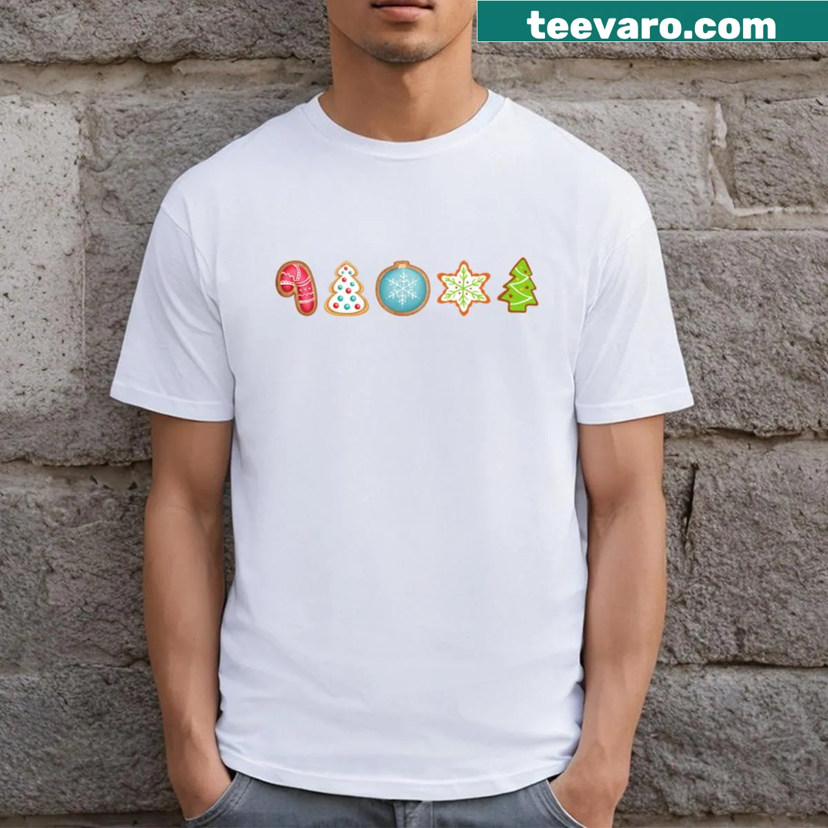 Festive t-shirt featuring an illustration of Christmas cookies. — on a men's t-shirt