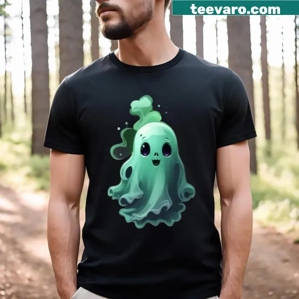 Adorable green ghost t-shirt with a cheerful cartoon design