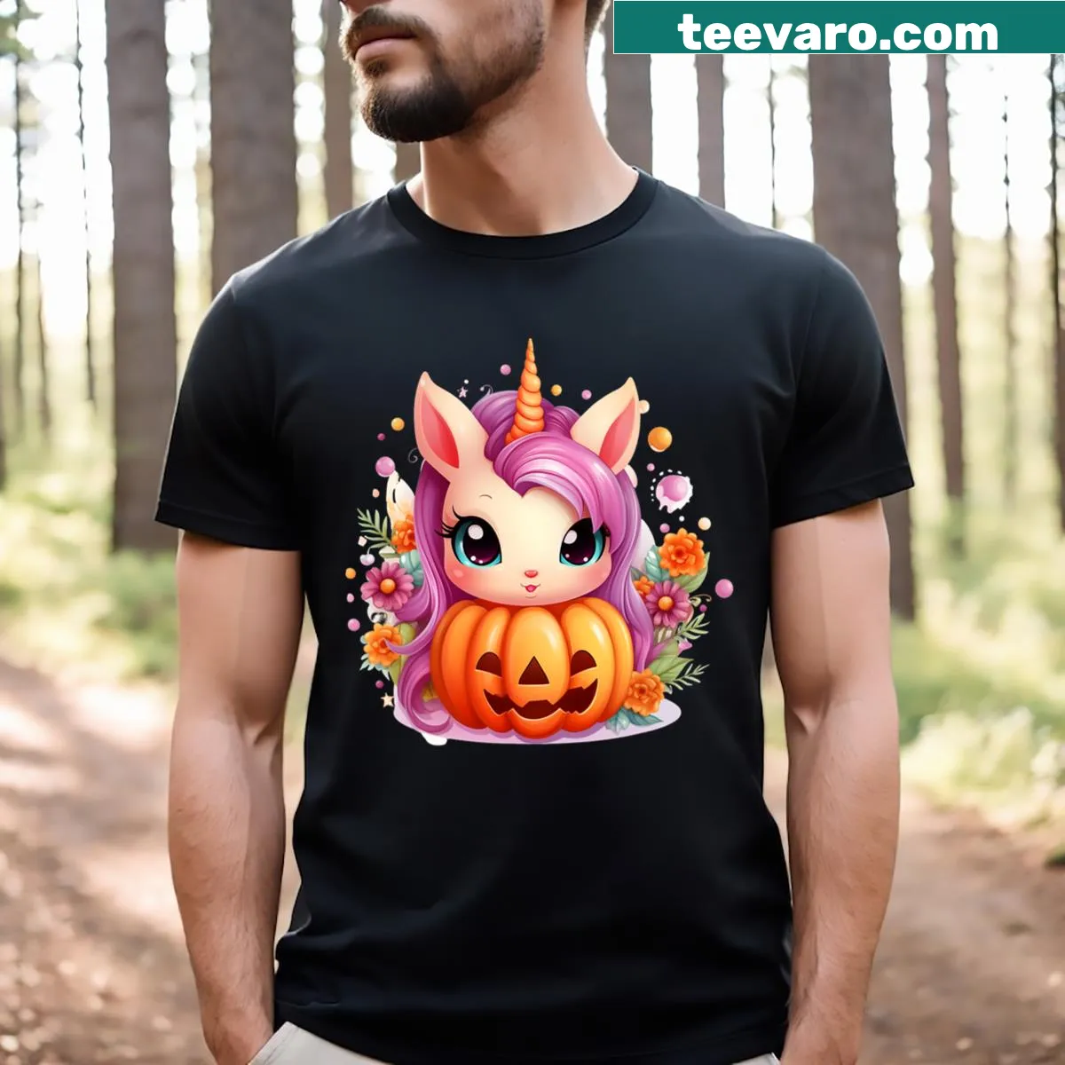 Funny unicorn pumpkin design T-shirt for kids celebrating Halloween and Thanksgiving. — on a men's t-shirt