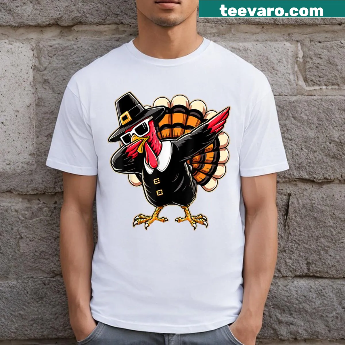 Funny T-shirt featuring a dabbing turkey design for Thanksgiving. — on a men's t-shirt
