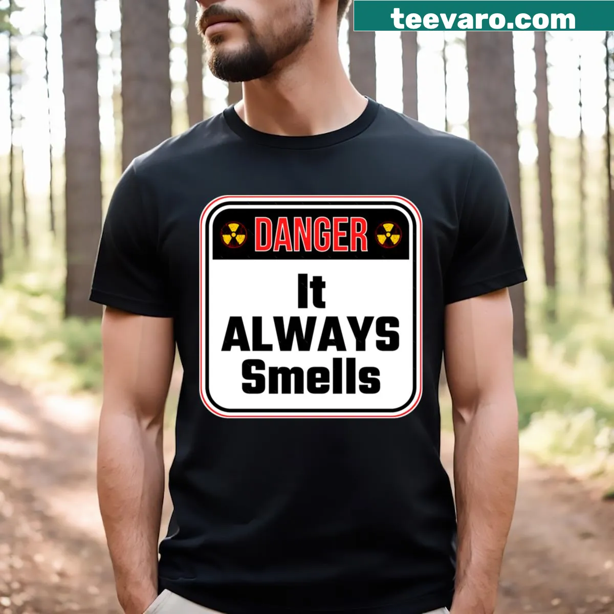 Warning sign graphic T-shirt with humorous text — on a men's t-shirt
