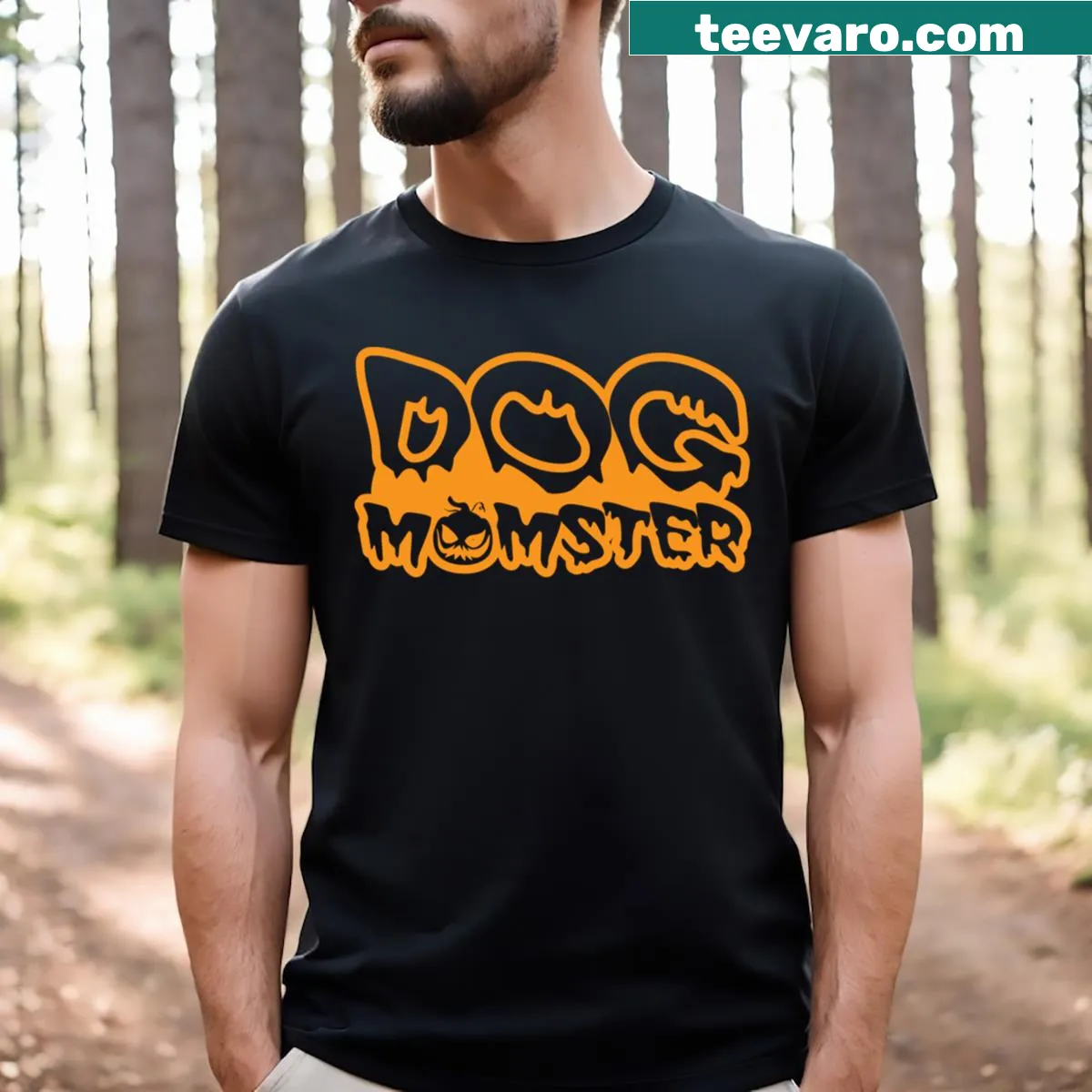 Funny Halloween t-shirt for dog moms with 'Dog Momster or Monster' — on a men's t-shirt