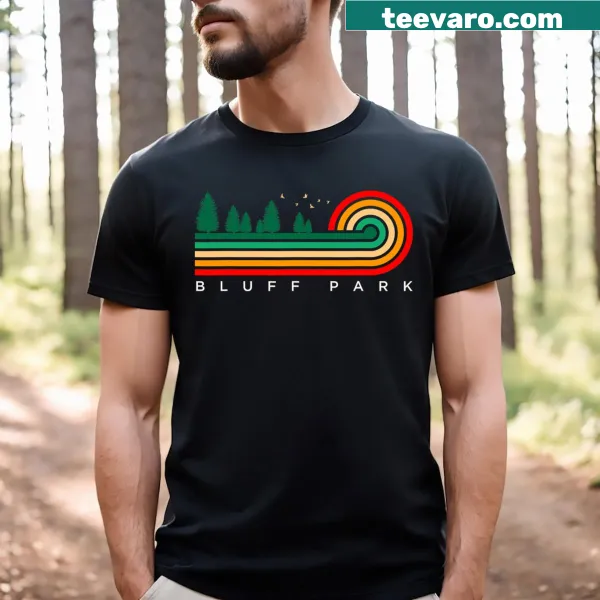 Vintage-style t-shirt with evergreen stripes and Bluff Park, Alabama design