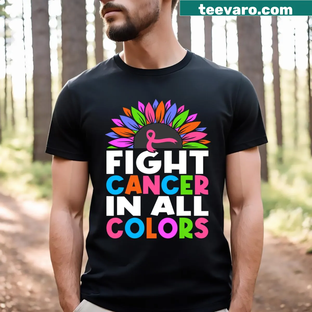Breast cancer awareness t-shirt with a multi-color ribbon design — on a men's t-shirt