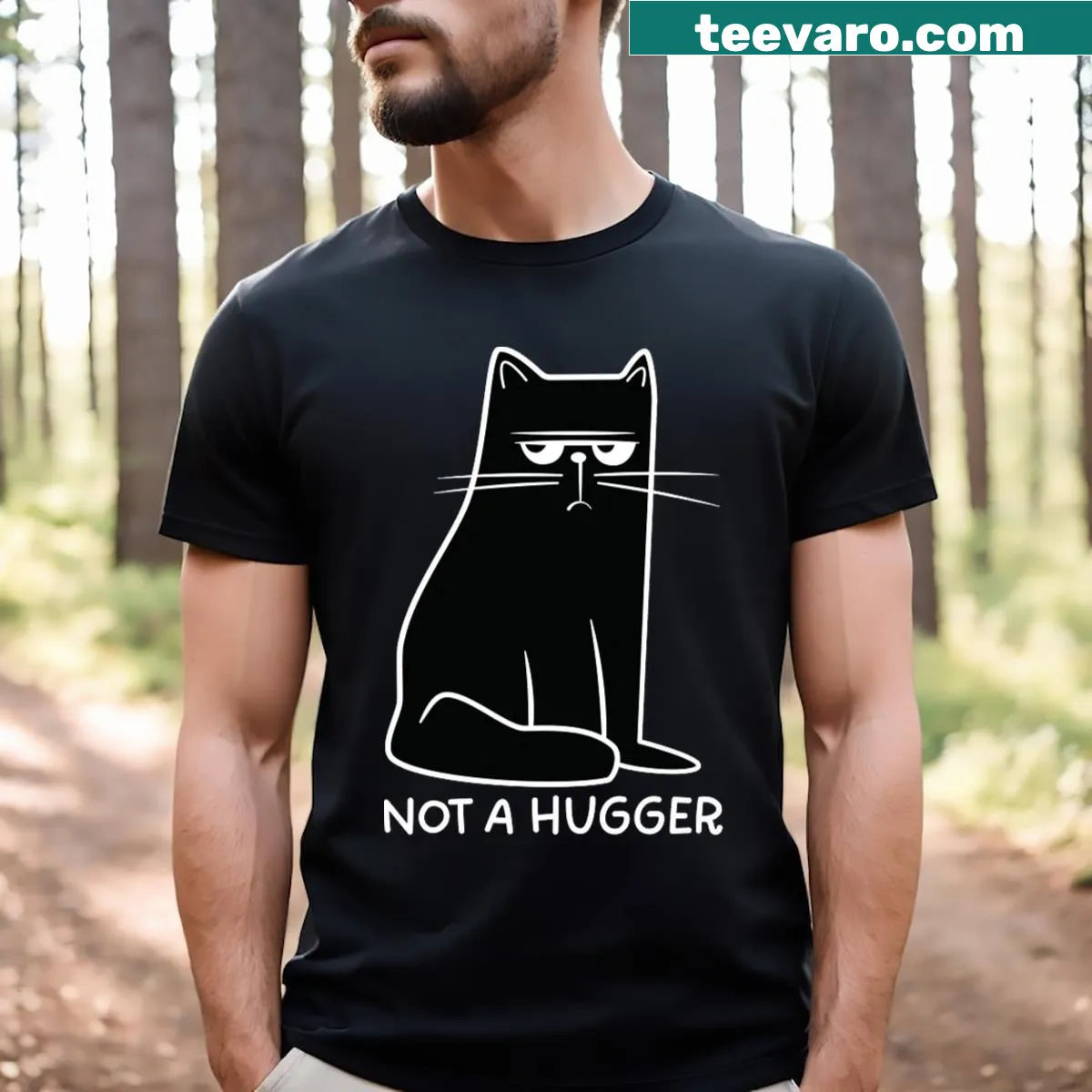 Sarcastic t-shirt featuring a black cat and 'Not A Hugger' text — on a men's t-shirt