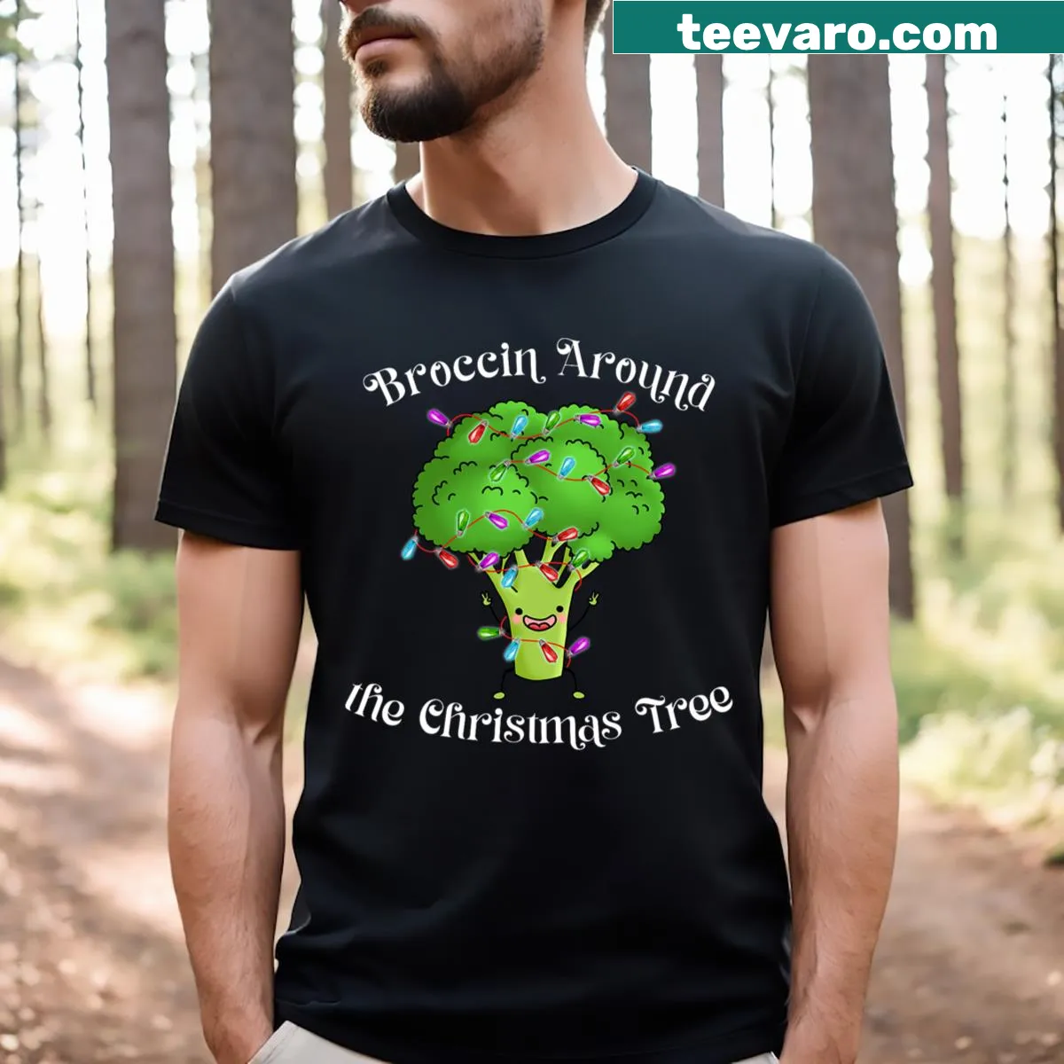 Funny Christmas t-shirt with broccoli and festive holiday graphics — on a men's t-shirt